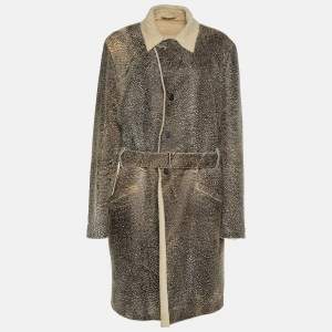 Pre Owned Emporio Armani Vintage Cream & Brown Embossed Leather Shearling Lined Coat XL