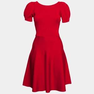 Pre Owned Emporio Armani Red Knit Puff Sleeve Flared Dress S