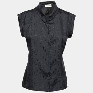 Pre Owned Emporio Armani Black Printed Silk Button Front Top M