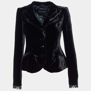 Pre Owned Emporio Armani Black Velvet Bead Tasseled Blazer S