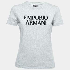 Pre Owned Emporio Armani Grey Stretch Cotton Logo Embellished T-Shirt M