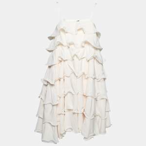 Pre Owned Emporio Armani Cream Silk Ruffled Tiered Sleeveless Mini Dress M