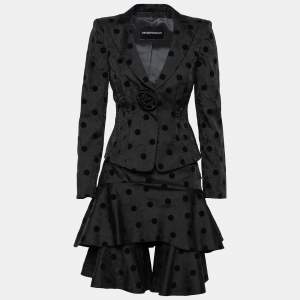 Emporio Armani Black Floral Jacquard Velvet Polka Dot Jacket & Skirt Set S