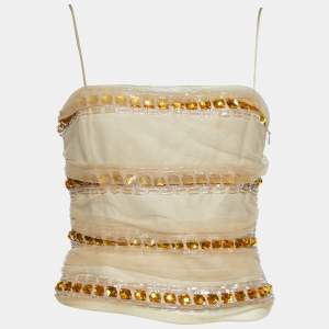 Pre Owned Emporio Armani Beige Mesh Embellished Crop Top M