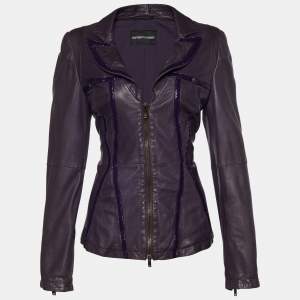 Pre Owned Emporio Armani Purple Leather Zip Front Jacket M