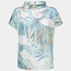 Pre Owned Emporio Armani Light Blue Floral Printed Silk Top M