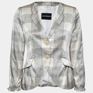 Pre Owned Emporio Armani Beige Checked Satin Silk Single Breasted Blazer M