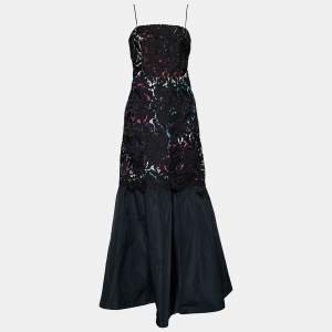 Emporio Armani Black Printed Satin & Lace Overlay Maxi Dress M