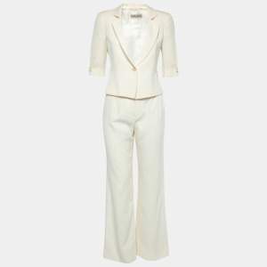 Pre Owned Emporio Armani Cream Textured Crepe Single Breasted Cropped Blazer & Pant Suit S