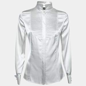 Pre Owned Emporio Armani Light Grey Silk Pleated Concealed-Button Shirt S  