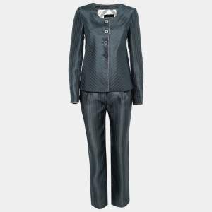 Emporio Armani Dark Grey Silk & Linen Button Front Jacket & Pant Suit M