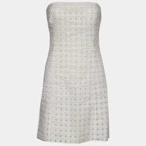 Pre Owned Emporio Armani White Embroidered Cutwork Cotton Strapless Mini Dress S