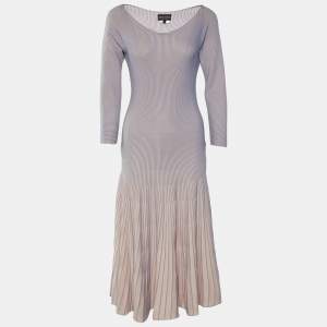 Pre Owned Emporio Armani Pink Rib Knit Long Sleeve Flared Dress L