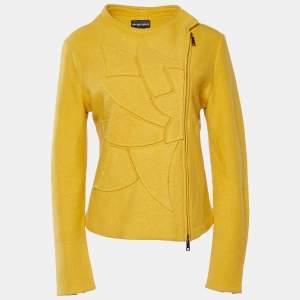 Emporio Armani Yellow Wool Applique Detail Zip Up Jacket L