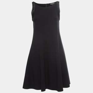 Pre Owned Emporio Armani Black Knit Trim Detail Sleeveless Skater Dress M