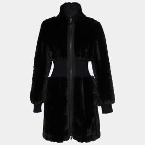 Pre Owned Emporio Armani Black Faux Fur Rib Waist Zip Front Dress S