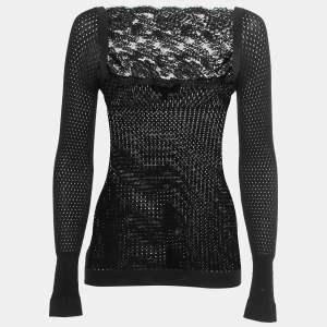 Pre Owned Emporio Armani Black Knit Lace Trim Long Sleeves Top S