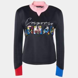 Pre Owned Emporio Armani Black Neoprene Logo Embellished Sweatshirt M