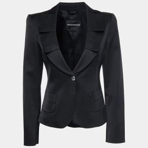 Pre Owned Emporio Armani Black Wool Crepe Ruffled Blazer M