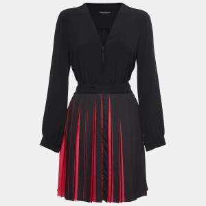 Pre Owned Emporio Armani Black/Red Crepe Pleated A Line Dress M