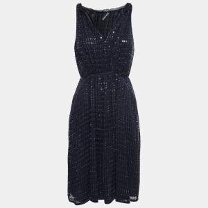 Pre Owned Emporio Armani Dark Blue Silk Embellished Sleeveless Dress S
