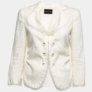 Pre Owned Emporio Armani Vintage Cream Cotton Blend Ruched Detail Blazer M