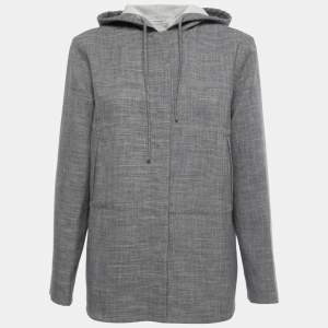 Pre Owned Emporio Armani Grey Textured Button Down Hoodie Jacket S