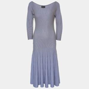 Pre Owned Emporio Armani Purple Striped Rib Knit Boat Neck Long Sleeve Dress L