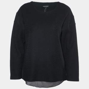 Emporio Armani Black Textured Cotton Blend Split  Back Detail Top M