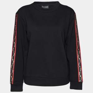 Pre Owned Emporio Armani Black Cotton Knit LogoTrim Detail Round Neck Sweater S