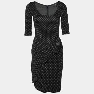 Pre Owned Emporio Armani Black Polka Dot Knit Ruffle Detail Midi Dress M