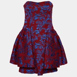 Pre Owned Emporio Armani Red & Blue Jacquard Strapless Mini Dress S