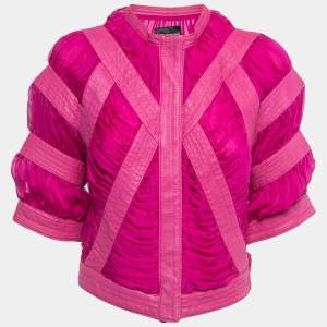 Pre Owned Emporio Armani Pink Silk Chiffon & Leather Ruched Button Front Blouse M