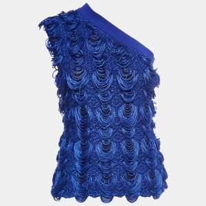 Pre Owned Emporio Armani Blue Knit One Shoulder Top M