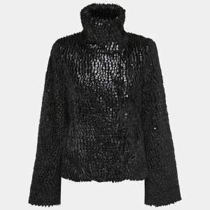 Pre Owned Emporio Armani Black Textured Faux Fur Jacket S