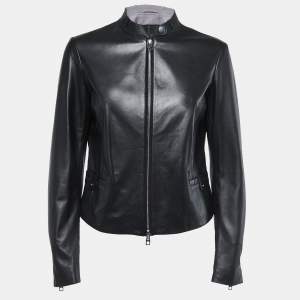 Pre Owned Emporio Armani Black Leather Zip Up Jacket M