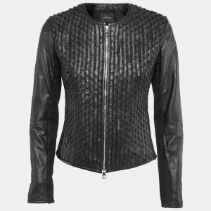 Pre Owned Emporio Armani Black Leather Zip Front jacket M