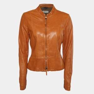 Pre Owned Emporio Armani Brown Leather Zip Front Jacket S