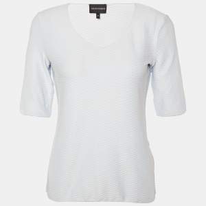 Pre Owned Emporio Armani Light Blue Patterned Jersey Knit Top M