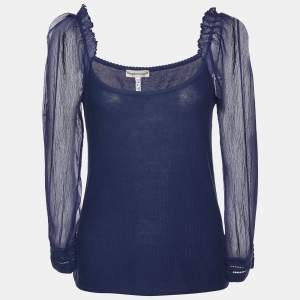 Pre Owned Emporio Armani Navy Blue Cotton Knit & Silk Sleeve Detail Top M