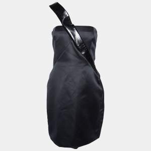 Pre Owned Emporio Armani Black Satin & Leather Shoulder Detail Mini Dress M