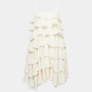 Pre Owned Emporio Armani Cream Silk Ruffled Tiered Sleeveless Mini Dress M