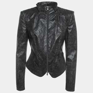 Pre Owned Emporio Armani Black Embossed Faux Leather Zip Front Jacket M