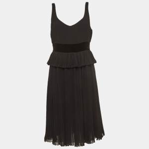 Emporio Armani Black Velvet Trim Crepe Pleated Midi Dress M