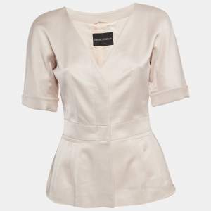 Pre Owned Emporio Armani Pink Wool Blend Buttoned Peplum Blouse S