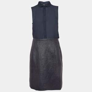 Pre Owned Emporio Armani Navy Blue Chiffon and Canvas Buttoned Sleeveless Dress M