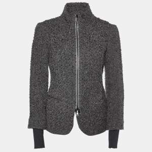 Pre Owned Emporio Armani Grey Boucle Wool Zip Up Jacket S