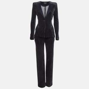 Emporio Armani Navy Blue Stripe Velvet Knit Blazer and Pants Suit M