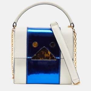 Emporio Armani White/Metallic Blue Leather Small Chain Top Handle Bag