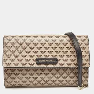 Pre Owned Emporio Armani Beige/Black Logo Print Leather Flap Chain Clutch